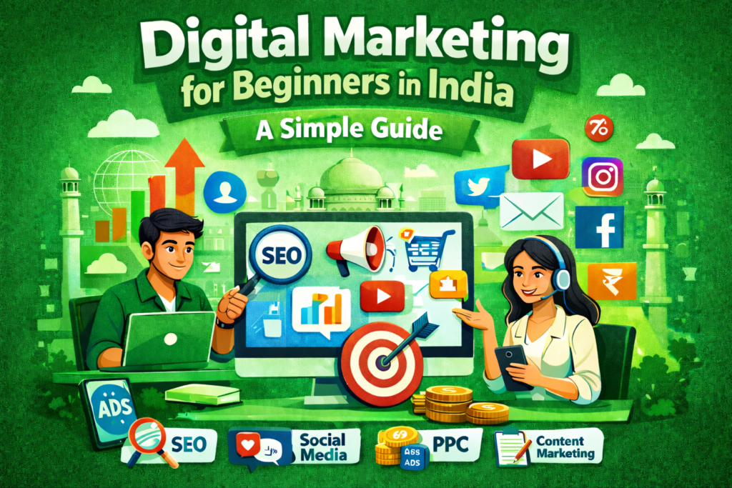 Digital marketing for beginners India showing SEO, social media marketing and PPC strategy